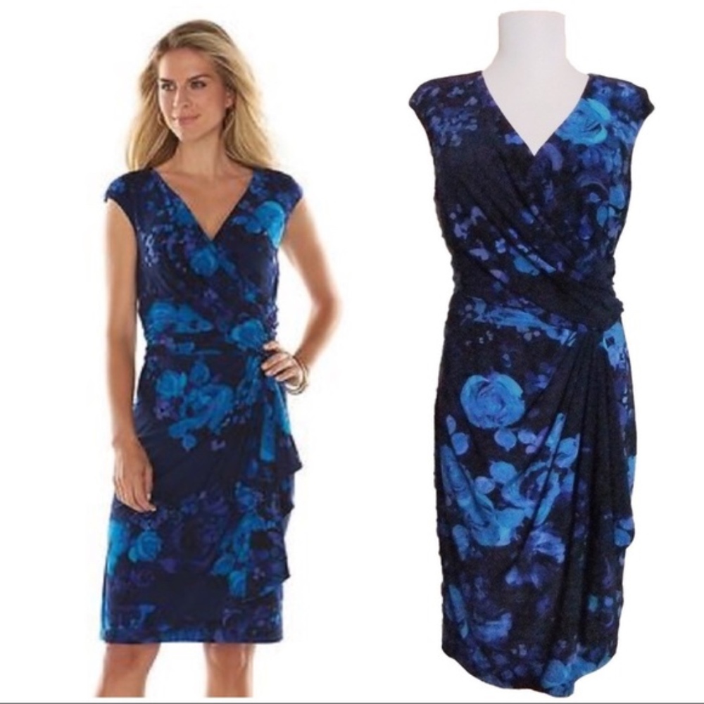 CHAPS Women’s Blue Floral Surplice Faux Wrap Dress - Picture 3 of 5